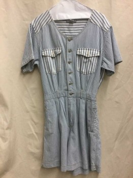 Womens, Romper, GLORIA VANDERBUILT, White, Blue, Cotton, Stripes, L, White/blue Stripes, Button Front, Short Sleeves, 4 Pockets