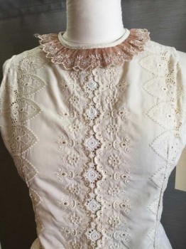 Womens, Sci-Fi/Fantasy Shirt, MTO, Cream, Lt Brown, Cotton, Polyester, Solid, W 34, B 40, BLOUSE:  Cream Eyelet Bodice, Lt Brown W/cream Eyelet Trim Ruffle Along Round Neck,  Sleeveless, Button Back (stained On The Back), Historical Fantasy