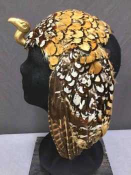 Unisex, Historical Fiction Headpiece, MTO, Brown, Tan Brown, Black, Feathers, Animal Print, Abstract , Feather Headdress with Buzzard Hood Ornament