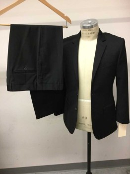 JIMMY AU, Black, Wool, Polyester, Solid, Single Breasted, Hand Picked Collar/Lapel, 3 Pockets, 1 Welt Pocket, 2 Buttons,