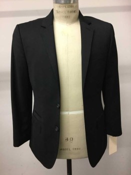 JIMMY AU, Black, Wool, Polyester, Solid, Single Breasted, Hand Picked Collar/Lapel, 3 Pockets, 1 Welt Pocket, 2 Buttons,