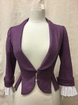Womens, Historical Fiction Jacket, Purple, Gray, Wool, Polyester, Herringbone, W26, Deep Shawl Collar, 1hidden Button Closure Front 3/4 Sleeves, White Pleated Cuffs, Slits At Front Waist