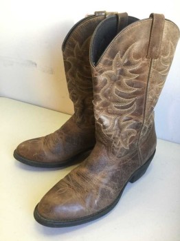 Mens, Cowboy Boots , LAREDO, Dk Brown, Cream, Leather, Solid, 10, Cream Feather Stitching, Aged