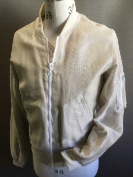 JOHN ELLIOTT, Beige, Rayon, Polyester, Solid, Open Weave Netting, White Zip Front, Extra Pockets on Left Sleeve