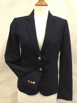 J CREW, Navy Blue, Wool, Spandex, Solid, Single Breasted, 2 Buttons,  3 Pockets, Notched Lapel, Classic Blue Blazer