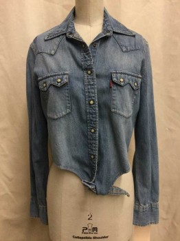 LEVI'S, Denim Blue, Cotton, Solid, Blue Denim, Snap Front, Collar Attached, Long Sleeves, 2 Flap Pockets, Cropped, Self Tie Waist