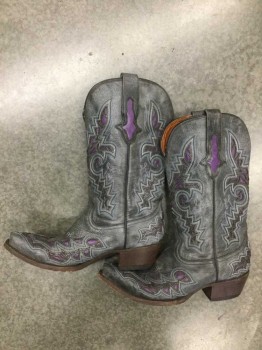 Womens, Cowboy Boots, LUCHESE, Charcoal Gray, Purple, Blue, White, Leather, 8, Charcoal with Purple Cutouts, Blue and White Embroidery, Pointed Toe, 1.5" Cuban Heel