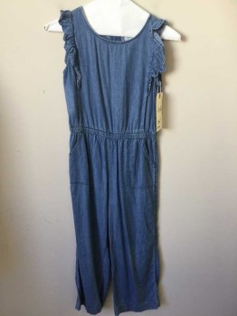 Childrens, Overalls, OLD NAVY, Blue, Rayon, Solid, 10/12, Zip Back, Sleeveless with Ruffle Caps, Elastic Waist, 2 Camp Pocket,
