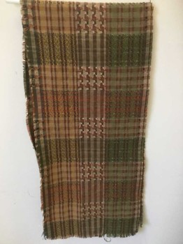 Womens, Shawl 1890s-1910s, N/L, Beige, Olive Green, Red, Tan Brown, Gray, Cotton, Stripes, Patchwork, "Patchwork" Look Squares with Red Stripes, Unfinished Edges with Neat Fraying,