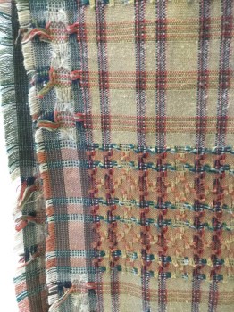 Womens, Shawl 1890s-1910s, N/L, Beige, Olive Green, Red, Tan Brown, Gray, Cotton, Stripes, Patchwork, "Patchwork" Look Squares with Red Stripes, Unfinished Edges with Neat Fraying,