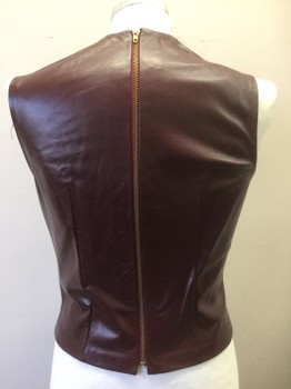 Mens, Tops, N/L MTO, Red Burgundy, Leather, Solid, Ch:40, Sleeveless, Round Neck, Form Fitting, Center Back Zipper