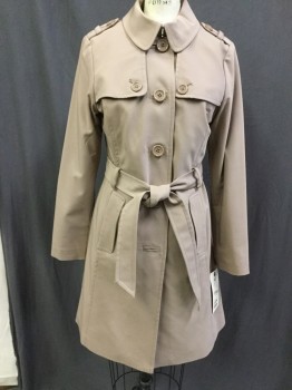 KATE SPADE, Putty/Khaki Gray, Cotton, Polyester, Solid, Single Breasted, 5 Buttons, Belt Loops, Epaulets, 2 Pockets, Collar Attached, Detached Front Yoke, MATCHING TIE BELT with Bow Look Center Back, Kind of Heavy