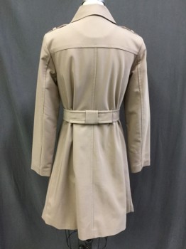 Womens, Coat, Trenchcoat, KATE SPADE, Putty/Khaki Gray, Cotton, Polyester, Solid, S, Single Breasted, 5 Buttons, Belt Loops, Epaulets, 2 Pockets, Collar Attached, Detached Front Yoke, MATCHING TIE BELT with Bow Look Center Back, Kind of Heavy
