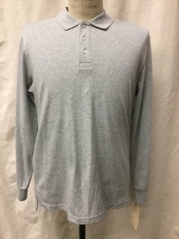 LANDS END, Lt Gray, Cotton, Heathered, 3 Buttons,  Long Sleeves, Rib Knit Collar and Cuffs