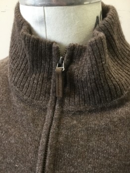 NORDSTROM, Brown, Cashmere, Solid, Knit, Rib Knit Stand Collar with Half Zip Closure at Neck, Long Sleeves