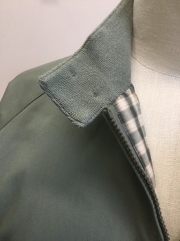 FALCON BAY, Sage Green, Cotton, Polyester, Solid, Zip Front, Raglan Sleeves, Stand Collar, 2 Flap Pockets with Button Closures , Rib Knit at Waistband, Plaid Lining