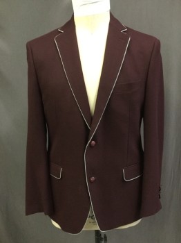 TALLIA, Wine Red, Black, White, Wool, Solid, Solid Wool with Black and White Cord Trim, 2 Button Single Breasted, Different Colored Buttons
