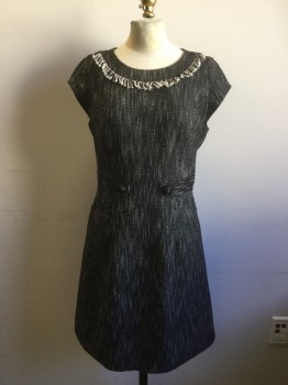NANETTE LAPORE, Black, White, Poly/Cotton, Spandex, Heathered, Tweed Like Stretch FabricScoop Neck, Cap Sleeves, Self Fringe Detail at Neckline, Princess Line Dress, Belted at Waist with 2 Buttons at Front, 2 Pockets, Zipper Center Back,