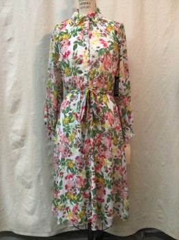 NEW YORK CO, White, Pink, Hot Pink, Green, Yellow, Polyester, Floral, White, Pink/ Hot Pink/ Green/ Yellow Floral, Button Front, Collar Attached, Long Sleeves, Elastic Cuffs