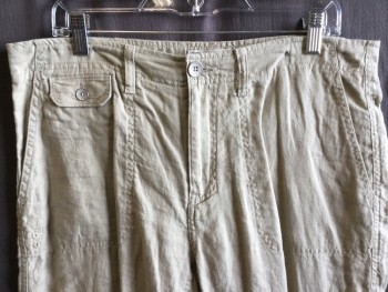 CALVIN  KLEIN, Khaki Brown, Linen, Solid, 1.5" Waistband with Belt Hoops, 6 Pockets, Zip Front,