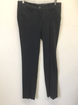 DOLCE & GABBANA, Navy Blue, Blue, Beige, Wool, Stripes - Pin, Dark Navy with Light Blue and Beige Pinstripes, Low Rise, Straight Leg, Zip Fly, 4 Pockets