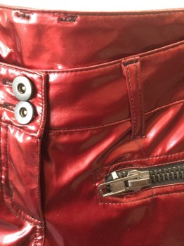 Womens, Sci-Fi/Fantasy Piece 2, LIP SERVICE, Cherry Red, Metallic, Faux Leather, Solid, Pants: Low Rise, Slim Leg, Zip Fly, 4 Zip Pockets, Belt Loops, Panel at Cuff