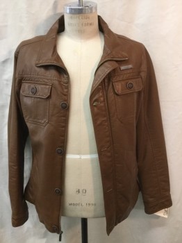 ENGLISH LAUNDRY, Caramel Brown, Faux Leather, Solid, Zip Front, 4 Buttons, 4 Pockets, Kind of 70's Looking