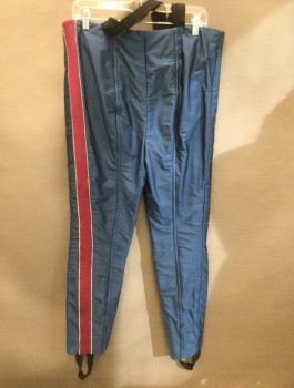Mens, Sci-Fi/Fantasy Piece 2, MTO, Iridescent Blue, Cranberry Red, Silver, Spandex, Color Blocking, I32, W36, Made To Order, Heavy Spandex, Zip Front, Elastic Suspenders attached, Side Stripe Down One Side, Stirrups