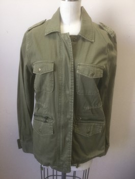 LILY ALDRIDGE VELVET, Olive Green, Cotton, Solid, Twill, Snap and Zip Front, Collar Attached, 4 Pockets, Epaulettes at Shoulders, Drawstring Waist, No Lining