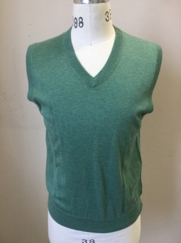 BROOKS BROTHERS, Green, Cotton, Solid, V-neck, Pullover, Ribbed Knit Neck/Armhole/Waistband