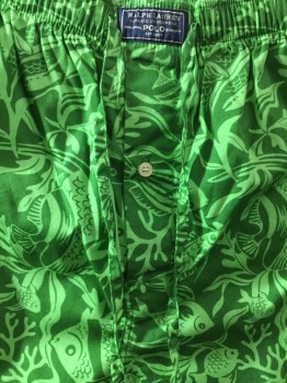 POLO RALPH LAUREN, Green, Lime Green, Cotton, Polyester, Animal Print, Green with Lime Fish/aquatic Plants Print, Elastic & D-string Waist Band, 2 Side Pockets