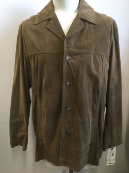 JIM & MARY LOU, Brown, Suede, Solid, Button Front, Notched Lapel, 2 Welt Pocket,