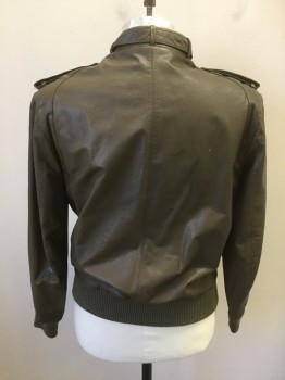 Mens, Leather Jacket, MEMBERS ONLY, Brown, Leather, Solid, 40, Zip Front, Stand Collar with Ribbed Knit Reverse, Belted Collar with Snap Closure, Epaulets, 3 Pockets Trimmed with Ribbed Knit, Ribbed Knit Waistband/Cuff,
