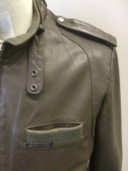 Mens, Leather Jacket, MEMBERS ONLY, Brown, Leather, Solid, 40, Zip Front, Stand Collar with Ribbed Knit Reverse, Belted Collar with Snap Closure, Epaulets, 3 Pockets Trimmed with Ribbed Knit, Ribbed Knit Waistband/Cuff,