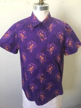 N/L, Purple, Orange, Cotton, Floral, Boys, Purple with Self and Orange Floral Pattern, Short Sleeve Button Front, Collar Attached, 1 Patch Pocket, Made To Order