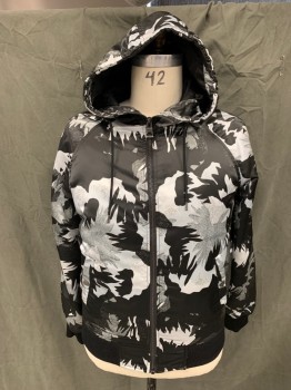 GUESS, Black, White, Gray, Silver, Polyester, Abstract , Floral, Zip Front, Attached Drawstring Hood, Raglan Long Sleeves, 2 Pockets, 1 Sleeve Pocket, Solid Black Ribbed Knit Waistband/Cuff, Light Fill