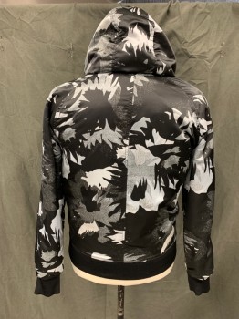 GUESS, Black, White, Gray, Silver, Polyester, Abstract , Floral, Zip Front, Attached Drawstring Hood, Raglan Long Sleeves, 2 Pockets, 1 Sleeve Pocket, Solid Black Ribbed Knit Waistband/Cuff, Light Fill