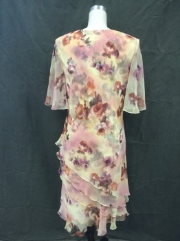 Womens, Cocktail Dress, CATTIVA, Butter Yellow, Rust Orange, Aubergine Purple, Brown, Mauve Pink, Polyester, Floral, B 38, 14, Floral Chiffon Asymmetrical Tiered Skirt, V-neck, Sheer Bell Ruffle Short Sleeves