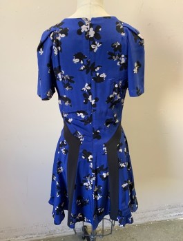 REBECCA TAYLOR, Royal Blue, Black, Off White, Lt Gray, Silk, Floral, V-neck, 1" Wide Black Inverted V Shaped Waistband That Continues at Right Angle Down Back, Flared Skater Style Skirt, Above Knee Length, Self Ruffle at Hem