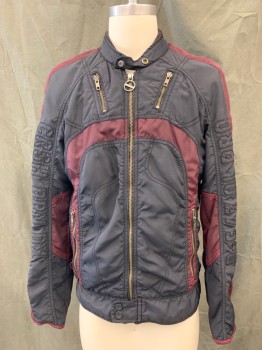 DIESEL, Red Burgundy, Midnight Blue, Nylon, Color Blocking, Zip Front, Snap Tab Band Collar, 3 Pockets, Raglan Long Sleeves, Curved Burgundy Stripes, Burgundy Sleeve Strips, 4 Zip Pockets, Ribbed Knit Under Collar, Black Embroidery on Sleeves (D-E/ZOL PRO)