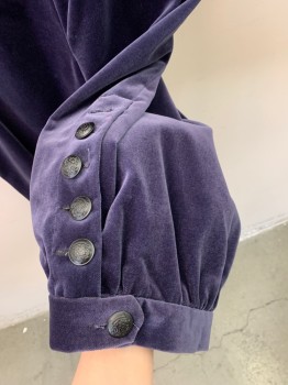 Mens, Historical Fiction Piece 3, MTO, Aubergine Purple, Cotton, Solid, W33, Fall Front Breeches, Velveteen, Black Metal Buttons, Gathered Back, Buttons and Tab at Knee, Rust Stains at Waist From Pins