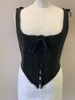 Womens, Historical Fiction Bodice, MTO, Charcoal Gray, Wool, Heathered, W 36, B 44, Square Scoop Neck, Boning, Lace Up Front, Curved Front Hem, Shoulder Straps with Grommet/Ties *Missng Both Twill Shoulder Ties*