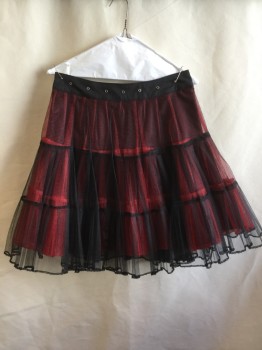 TRIPP, Black, Red, Nylon, Polyester, Solid, Clubbing, 1.5" Solid Black Waistband with Metal Holes, Snap & Zip Back, 3 Tiers Red & Black Net Ruffle with Solid Black Lining
