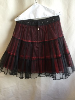 TRIPP, Black, Red, Nylon, Polyester, Solid, Clubbing, 1.5" Solid Black Waistband with Metal Holes, Snap & Zip Back, 3 Tiers Red & Black Net Ruffle with Solid Black Lining