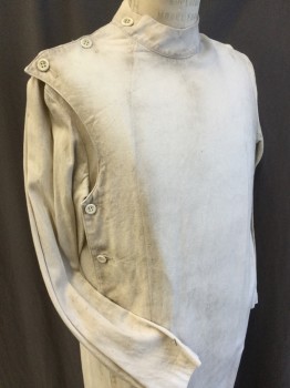 HERO COLLECTION, Cream, Cotton, Solid, (DOUBLE)  Surgical Coat, Aged/distressed, Steampunk, 1.5" Crew Neck, Overlap 3 Button on Right Shoulder and 3  on the Side, Long Sleeves, 2" Waistband Back, 22" Split Center Back,