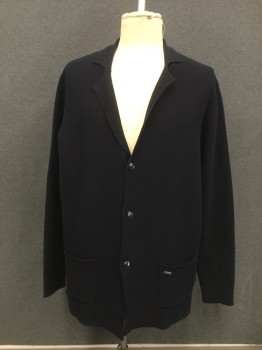 FYNCH HATTAN, Navy Blue, Wool, Cotton, Solid, Button Front, Collar Attached, Notched Lapel, 2 Pockets, Long Sleeves