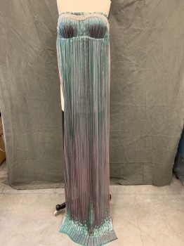 Womens, Sci-Fi/Fantasy Dress, MTO, Green, Purple, Polyester, B 32, Shiny Purple/Green Fabric Depending on Light, Strapless, Push Up Bra, Ruffle Trim, Clear Beaded Stripe Across Top with Beaded Fringe, Fortuny Pleats, Open Sides, Floor Length Hem, One Front Layer, 2 Back Layers, Sides Pinned Together with Safety Pins, Historical Fantasy