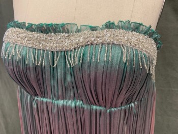 Womens, Sci-Fi/Fantasy Dress, MTO, Green, Purple, Polyester, B 32, Shiny Purple/Green Fabric Depending on Light, Strapless, Push Up Bra, Ruffle Trim, Clear Beaded Stripe Across Top with Beaded Fringe, Fortuny Pleats, Open Sides, Floor Length Hem, One Front Layer, 2 Back Layers, Sides Pinned Together with Safety Pins, Historical Fantasy