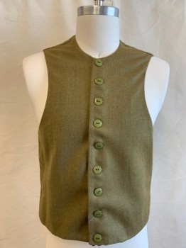 Mens, Historical Fiction Piece 3, BAROTEX, Lt Olive Grn, Black, Wool, Solid, Swirl , 36, 1500s, VEST, 9 Buttons Down Front, Round Neck