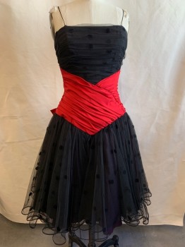 Womens, Cocktail Dress, PARTY FORMALS , Black, Red, Synthetic, Color Blocking, Polka Dots, W26, B34, Thin Straps, Black Tulle with Self Polka Dots, Pleated Red Satin Middle, Large Red Bow Back, Zip Back